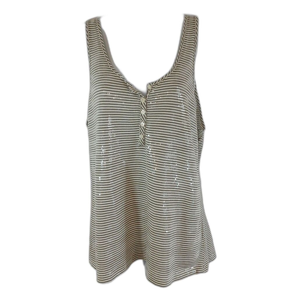 J Crew Women Tank Top White Tan Stripe Sequin Scoop Neck Sz L Casual Beach Basic
